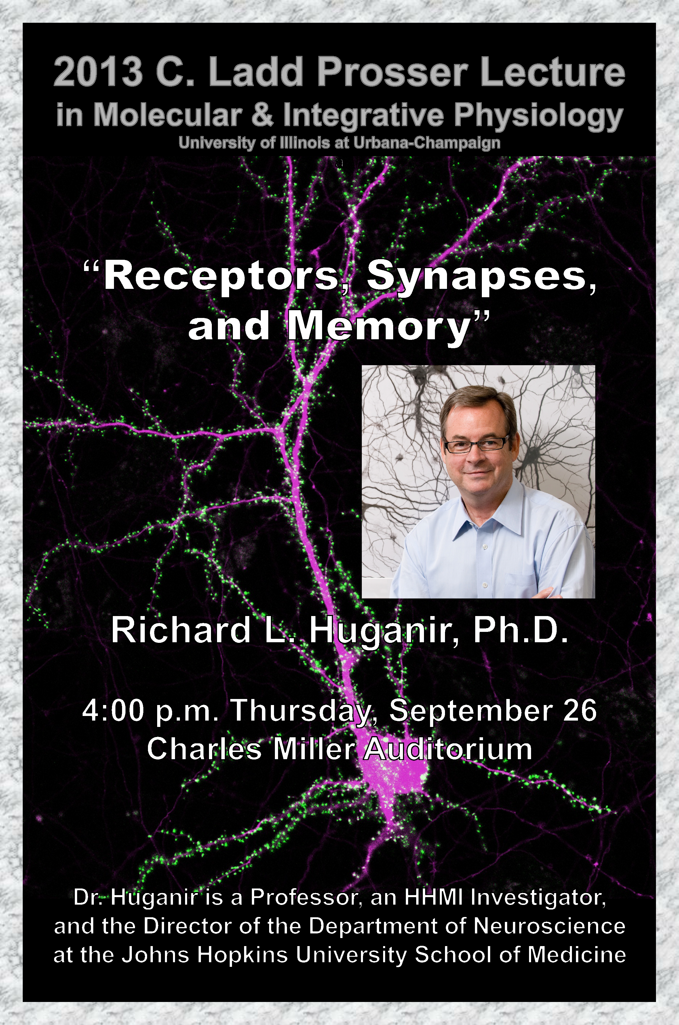 Poster advertising headshot and lecture by Richard Huganir